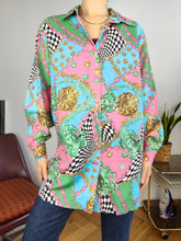 Load image into Gallery viewer, Vintage viscose shirt baroque print crazy pattern pink green blue long sleeve S-M