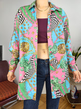 Load image into Gallery viewer, Vintage viscose shirt baroque print crazy pattern pink green blue long sleeve S-M
