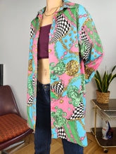 Load image into Gallery viewer, Vintage viscose shirt baroque print crazy pattern pink green blue long sleeve S-M