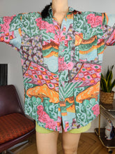 Load image into Gallery viewer, Vintage 100% silk shirt print crazy pattern green pink women men unisex M-L