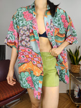 Load image into Gallery viewer, Vintage 100% silk shirt print crazy pattern green pink women men unisex M-L