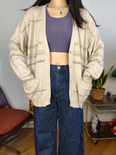 Load image into Gallery viewer, Vintage cotton blend cardigan beige green pattern knit knitted jacket women unisex men M-L