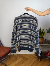 Load image into Gallery viewer, Vintage cotton blend cardigan blue pattern structural knit knitted jacket women unisex men M-L