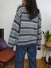 Load image into Gallery viewer, Vintage cotton blend cardigan blue pattern structural knit knitted jacket women unisex men M-L