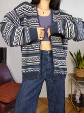 Load image into Gallery viewer, Vintage cotton blend cardigan blue pattern structural knit knitted jacket women unisex men M-L