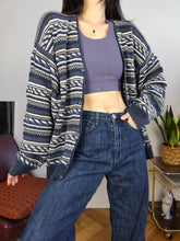 Load image into Gallery viewer, Vintage cotton blend cardigan blue pattern structural knit knitted jacket women unisex men M-L