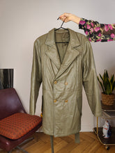 Load image into Gallery viewer, Vintage 100% leather jacket khaki green trench coat waist tie padded women 50 M-L