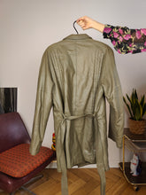 Load image into Gallery viewer, Vintage 100% leather jacket khaki green trench coat waist tie padded women 50 M-L