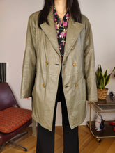 Load image into Gallery viewer, Vintage 100% leather jacket khaki green trench coat waist tie padded women 50 M-L