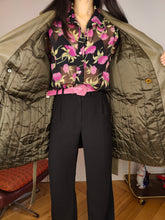 Load image into Gallery viewer, Vintage 100% leather jacket khaki green trench coat waist tie padded women 50 M-L