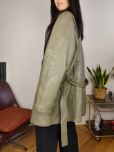 Load image into Gallery viewer, Vintage 100% leather jacket khaki green trench coat waist tie padded women 50 M-L
