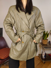 Load image into Gallery viewer, Vintage 100% leather jacket khaki green trench coat waist tie padded women 50 M-L