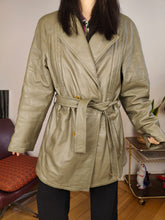 Load image into Gallery viewer, Vintage 100% leather jacket khaki green trench coat waist tie padded women 50 M-L