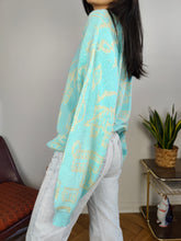 Load image into Gallery viewer, Vintage cotton sweater L XL | pullover knit knitted jumper V neck mint green blue pattern