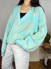 Load image into Gallery viewer, Vintage cotton sweater L XL | pullover knit knitted jumper V neck mint green blue pattern