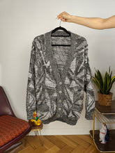 Load image into Gallery viewer, Vintage wool cardigan L XL | grey pattern knit knitted jacket women unisex men