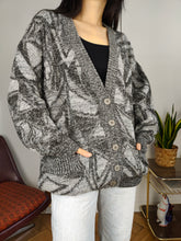 Load image into Gallery viewer, Vintage wool cardigan L XL | grey pattern knit knitted jacket women unisex men