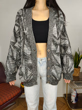 Load image into Gallery viewer, Vintage wool cardigan L XL | grey pattern knit knitted jacket women unisex men