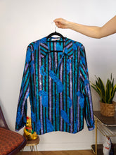 Load image into Gallery viewer, Vintage blouse shirt M | Renato Balestra designer blue stripe shiny print pattern women