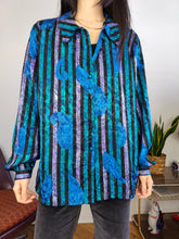 Load image into Gallery viewer, Vintage blouse shirt M | Renato Balestra designer blue stripe shiny print pattern women