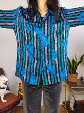 Load image into Gallery viewer, Vintage blouse shirt M | Renato Balestra designer blue stripe shiny print pattern women