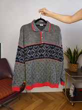 Load image into Gallery viewer, Vintage wool sweater L XL | polo collar knit jumper pullover grey red Christmas pattern unisex men