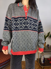 Load image into Gallery viewer, Vintage wool sweater L XL | polo collar knit jumper pullover grey red Christmas pattern unisex men