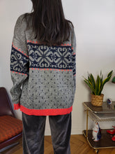 Load image into Gallery viewer, Vintage wool sweater L XL | polo collar knit jumper pullover grey red Christmas pattern unisex men