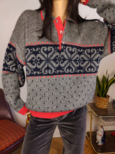 Load image into Gallery viewer, Vintage wool sweater L XL | polo collar knit jumper pullover grey red Christmas pattern unisex men