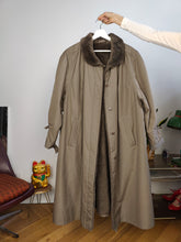 Load image into Gallery viewer, Vintage trench coat L | faux fur maxi padded collar brown lined women unisex men