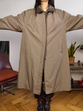 Load image into Gallery viewer, Vintage trench coat L | faux fur maxi padded collar brown lined women unisex men