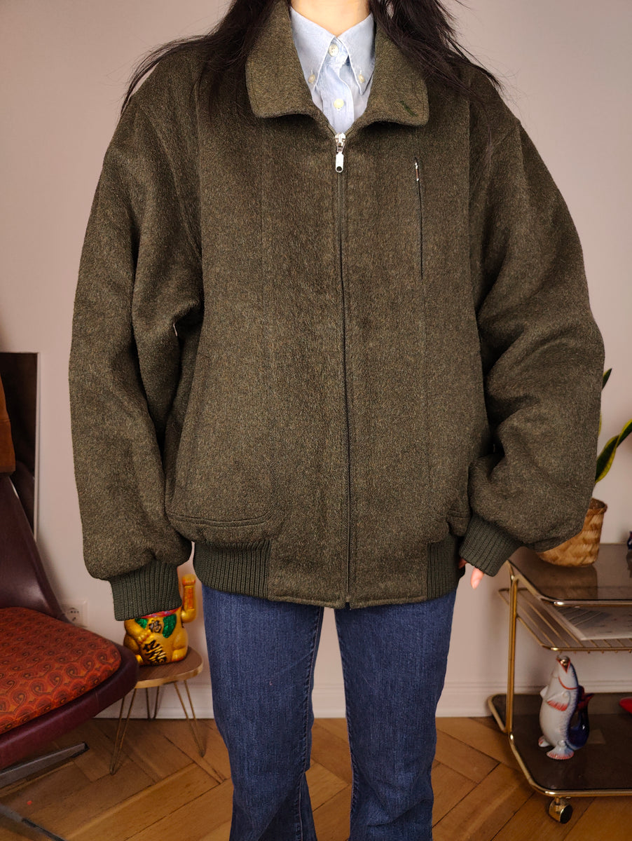 Vintage wool bomber jacket L khaki green winter coat unisex men