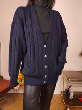 Load image into Gallery viewer, Vintage wool cardigan M | navy blue cable knit knitted golf sweater jacket women men unisex
