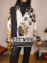 Load image into Gallery viewer, Vintage blouse shirt L | black white print pattern sheer long sleeve women