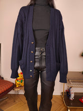 Load image into Gallery viewer, Vintage wool cardigan M | navy blue cable knit knitted golf sweater jacket women men unisex