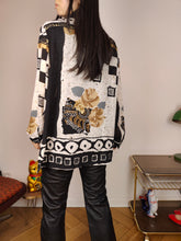 Load image into Gallery viewer, Vintage blouse shirt L | black white print pattern sheer long sleeve women