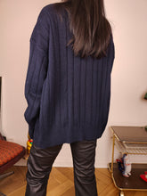 Load image into Gallery viewer, Vintage wool cardigan M | navy blue cable knit knitted golf sweater jacket women men unisex