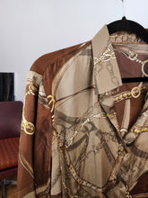 Load image into Gallery viewer, Vintage blouse shirt L | satin like brown bronze chains baroque print pattern long sleeve