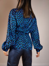 Load image into Gallery viewer, The Blue Shiny Pattern Blouse | Vintage black blue crazy pattern print shiny glitter long sleeve waist band M