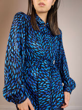 Load image into Gallery viewer, The Blue Shiny Pattern Blouse | Vintage black blue crazy pattern print shiny glitter long sleeve waist band M