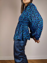 Load image into Gallery viewer, The Blue Shiny Pattern Blouse | Vintage black blue crazy pattern print shiny glitter long sleeve waist band M