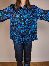 Load image into Gallery viewer, The Blue Shiny Pattern Blouse | Vintage black blue crazy pattern print shiny glitter long sleeve waist band M