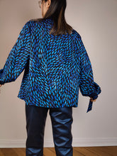 Load image into Gallery viewer, The Blue Shiny Pattern Blouse | Vintage black blue crazy pattern print shiny glitter long sleeve waist band M