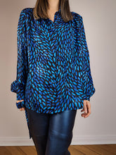Load image into Gallery viewer, The Blue Shiny Pattern Blouse | Vintage black blue crazy pattern print shiny glitter long sleeve waist band M