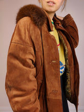 Load image into Gallery viewer, The Brown Suede Leather Hoodie Jacket | Vintage real suede leather fluffy fur hoodie padded coat M