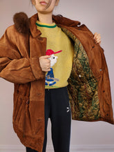 Load image into Gallery viewer, The Brown Suede Leather Hoodie Jacket | Vintage real suede leather fluffy fur hoodie padded coat M
