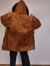 Load image into Gallery viewer, The Brown Suede Leather Hoodie Jacket | Vintage real suede leather fluffy fur hoodie padded coat M