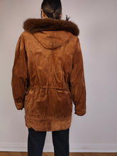 Load image into Gallery viewer, The Brown Suede Leather Hoodie Jacket | Vintage real suede leather fluffy fur hoodie padded coat M