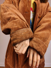 Load image into Gallery viewer, The Brown Suede Leather Hoodie Jacket | Vintage real suede leather fluffy fur hoodie padded coat M