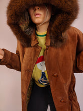 Load image into Gallery viewer, The Brown Suede Leather Hoodie Jacket | Vintage real suede leather fluffy fur hoodie padded coat M